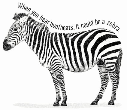 Zebra image with text "If you hear hoofbeats, it could be a zebra"