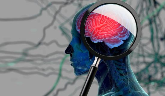 3D image of a person with a magnifying glass exposing the brain and strands in the background.