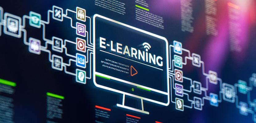 A computer screen with an 'e-learning' schematic.